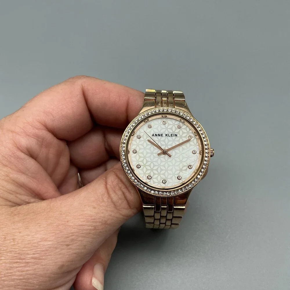 Anne Klein AK/3816 Womens Watch 34mm Rose Gold Tone Crystals New Battery 7.25